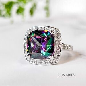 Rainbow Mystic Topaz CZ Cushion Halo Ring, 925 Sterling Silver